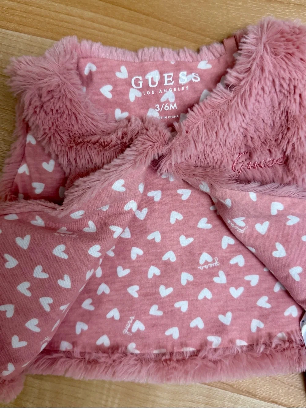 Guess Baby Girl Faux Fur Vest Size 3/6M Pink Heart Lining